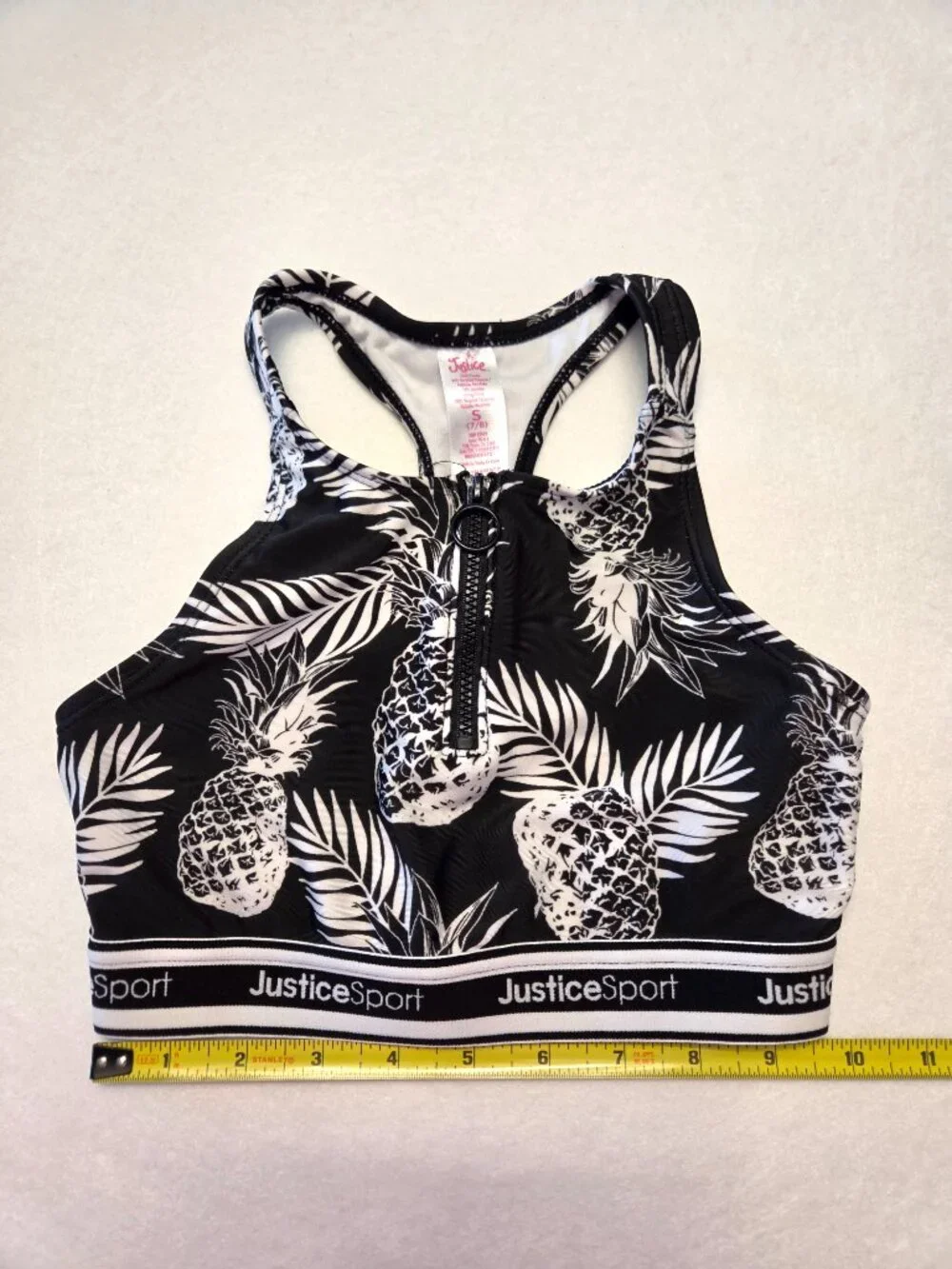 Justice Sport Girls Pineapple Sports Bra Black White Size Small 7/8